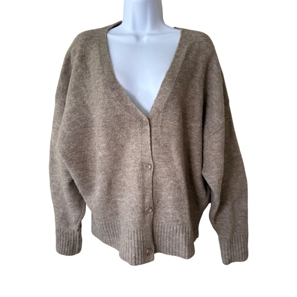 Zara Knit Cardigan Sweater Button Front Drop Shoulder Neutral Tan Small - Picture 1 of 9